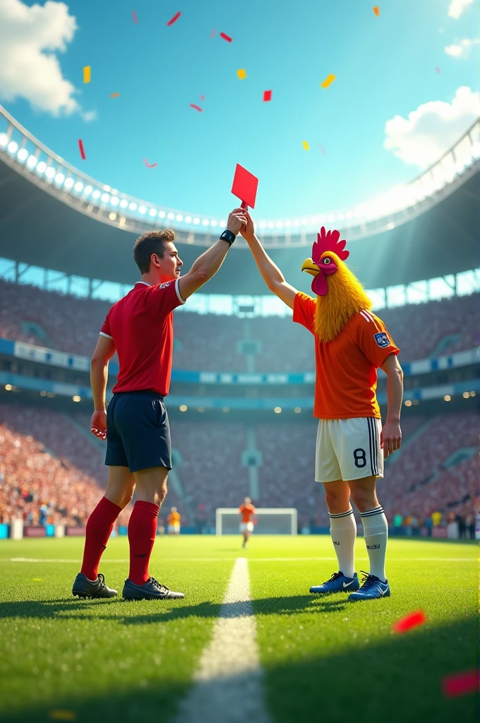 Soccer referee red-carding a player with a rooster-like face from the team