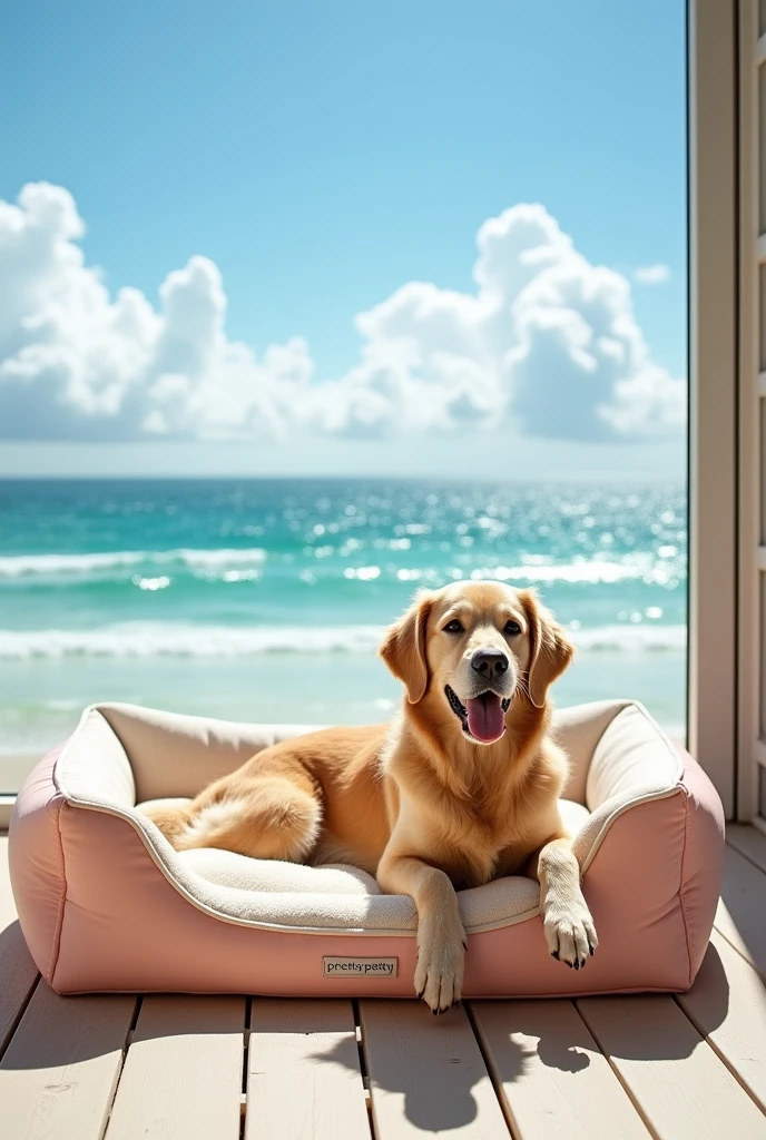 Dog bed advertisement image. The location is a beachside hotel. Brand Pretty Petty.
