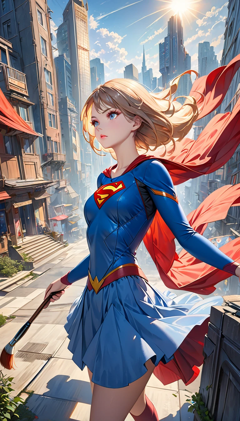 Supergirl, Over the city, Preparing for battle, Detailed artistic photography, Beautifully detailed face, dream-like, Shineing, Backlight, Glamour, Shine, Shadow, Oil on canvas, Brush strokes, soft, Ultra-high resolution, 8k, Unreal Engine 5, Super focus sharp, ArtJam, Reusch, sf, Complex art masterpiece, Threatening, Matte Painting Movie Posters, Golden Ratio, CGsociety Trends, Complex, amazing, Very detailed, Vibrant, Filmmaking Character Rendering, Quality Model Ultra High  