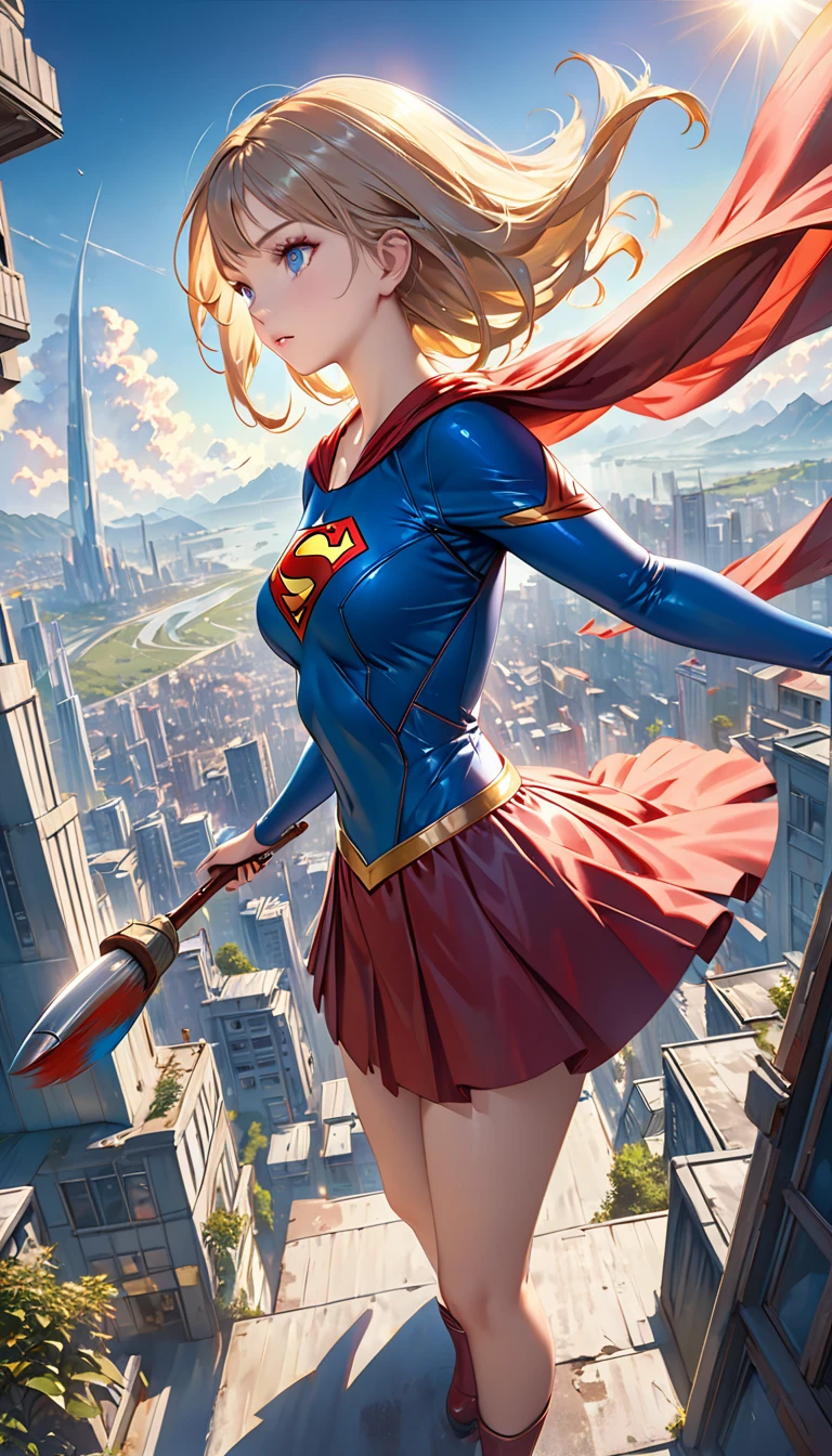 Supergirl, Over the city, Preparing for battle, Detailed artistic photography, Beautifully detailed face, dream-like, Shineing, Backlight, Glamour, Shine, Shadow, Oil on canvas, Brush strokes, soft, Ultra-high resolution, 8k, Unreal Engine 5, Super focus sharp, ArtJam, Reusch, sf, Complex art masterpiece, Threatening, Matte Painting Movie Posters, Golden Ratio, CGsociety Trends, Complex, amazing, Very detailed, Vibrant, Filmmaking Character Rendering, Quality Model Ultra High  