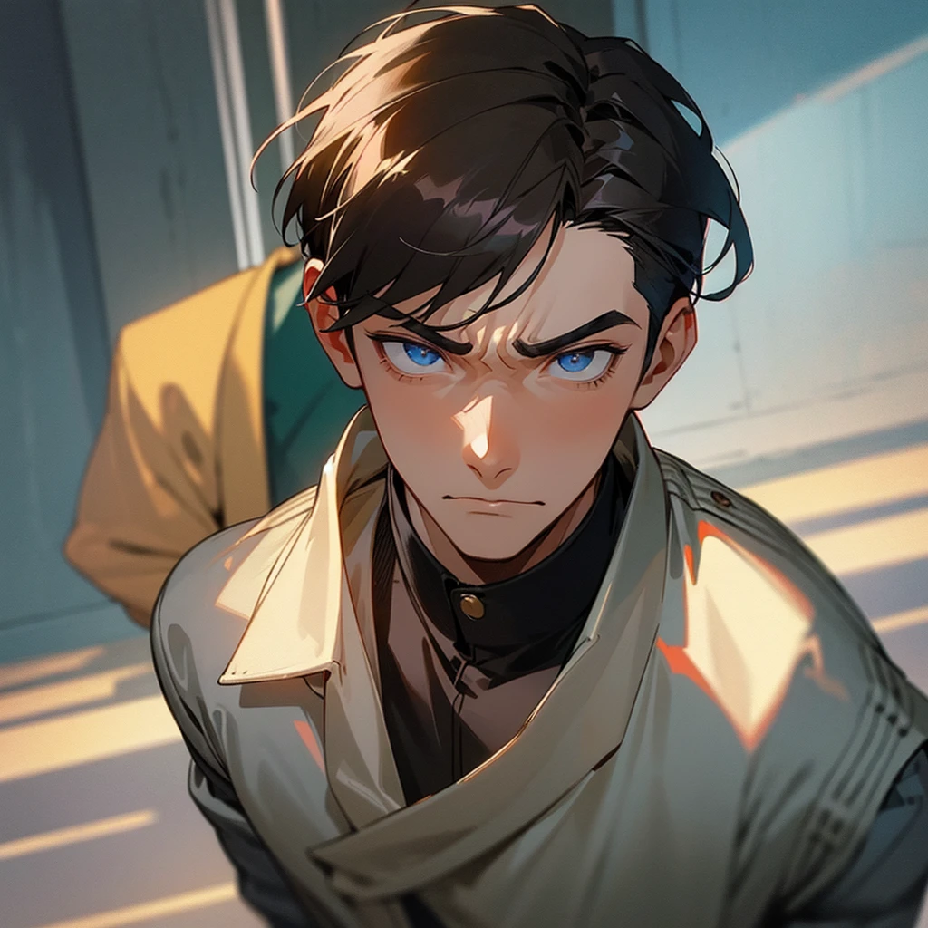 There was a young man looking down at the ground and behind him was a man with an angry face placing his hand on the young man's shoulder.Original close-up