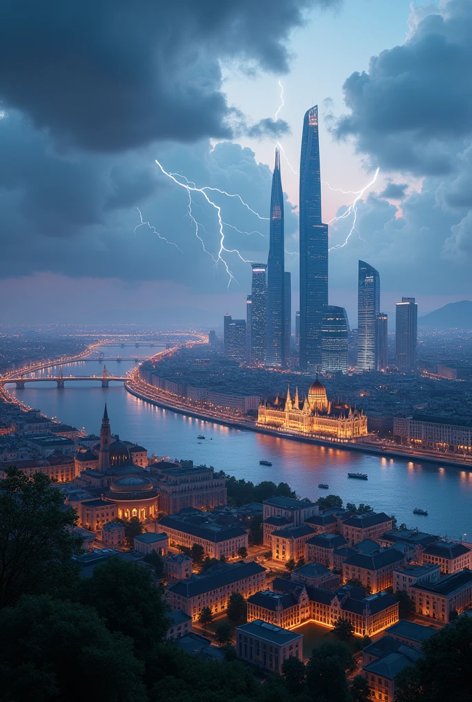 Future Budapest city with signature buildings seen from an airplane:1.5,thunder:1.4,port,skyscraper,master piece,highest quality,ultra high resolution,(Super detailed:1.2),8K,photorealistic,best aesthetic,beautiful