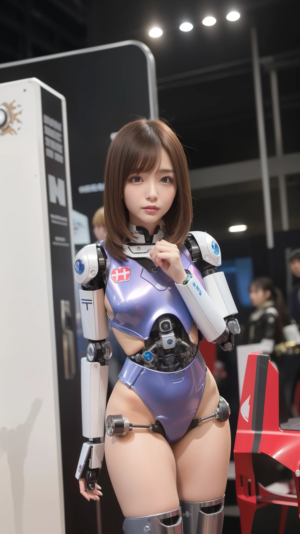 (Photorealsitic:1.4)、one robot woman、(top-quality)、(hyperdetailed face)、(Super well-formed face)、(Robot Parts)、(Female-Robot)、(25 years-old)、(Blue)、(pink there)、(Burgundy)、(metallic)、(full-body)、(sexy pose)、(Slender body)、(Model body type)、(full body mech)、(street of Akihabara)、(is looking at the camera)、(A brown-haired)、(Well-proportioned body)、(a small face)、(a small head)、(well-groomed fingers)、(Idol)、(front facing)、(Standing with legs open)、(Photo session)、(Looks sad)、(perfect-female-robot)、(perfect-mechanical-body)