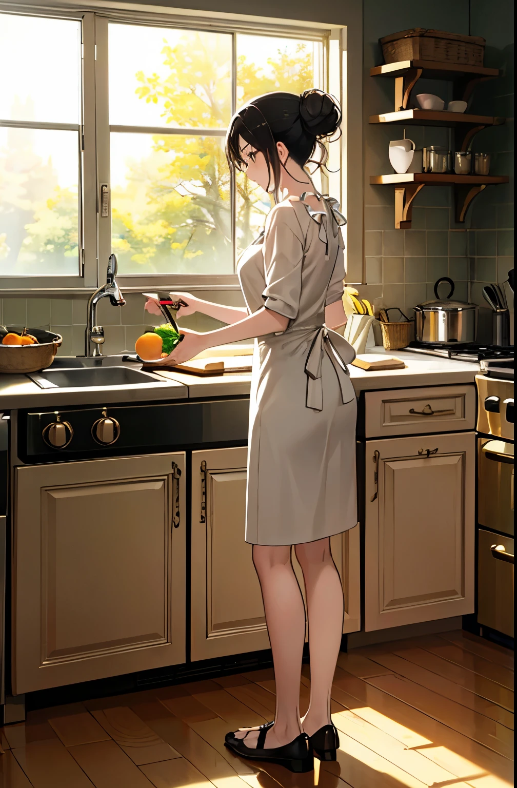 Create an anime-style image of a middle-aged woman with her black hair tied in a bun, cooking in a cozy, modern kitchen. The scene should depict her in a full-body side profile as she gently stirs a pot on the stove. The kitchen has a clean and simple design, with normal cabinets, shelves, and a basket of fresh oranges on the counter. Soft, golden sunlight streams through a large window, creating a peaceful and serene atmosphere."