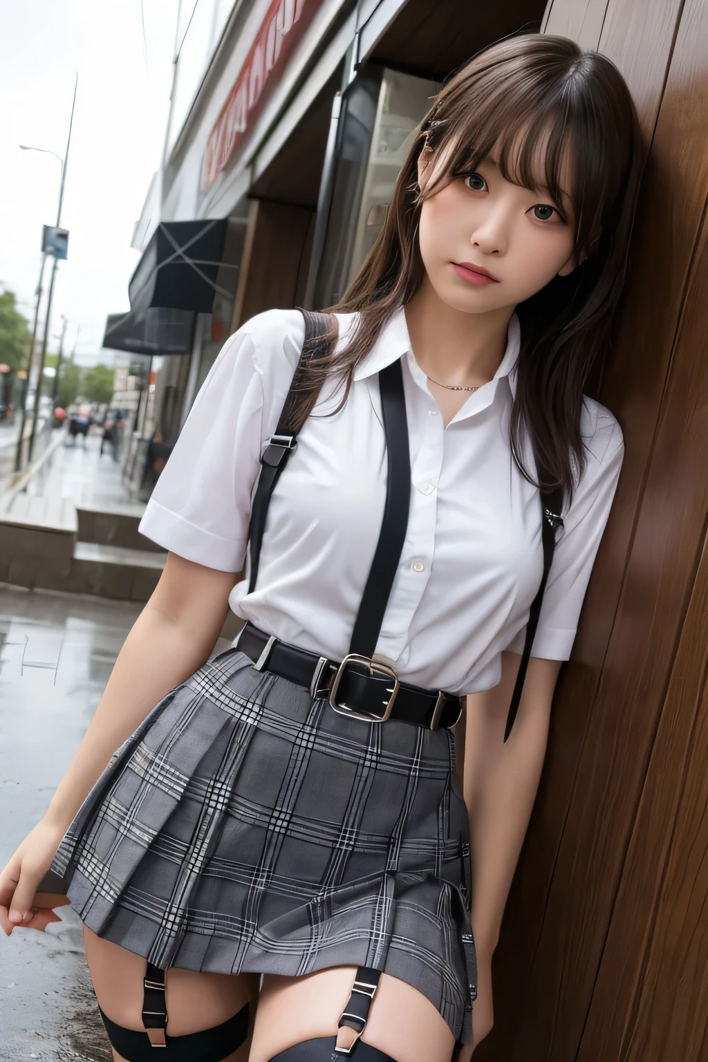 1 female, , high quality, masterpiece, Ultra-high resolution, Cinema Lighting, 1 female, , high quality, masterpiece, Ultra-high resolution, , Cinema Lighting, suspenders　　　Moderate breasts　 　 　　　　　 　　　　Small face　 　　　　　　　　　　　Looking up　　　　Sweat 　　　Thin belt　buzzer　脇Sweat 　　　　 　garter belt　　Belt on pants　　holster　 　　Hands behind your back　 　Looking up　Anxious face　Knee-high　Knee socks　Knee-highソックス 　garter　ふとももにgarter belt　Checkered mini skirt　 　　Panty shot　Skirt gap Armament　　　holster　holster 　　Hands behind your back　 Anxious expression　　Anxious face, legs apart　Armament　　Leg Holster　holster　See-through clothing　heavy rain　Rain-soaked dress shirt,Moderate breasts　ガーターbelt　suspenders　Garter on the thigh　Checkered mini skirt　Looking up　Pause　belt　Armpit sweat　Hands behind back　Raise your hands

