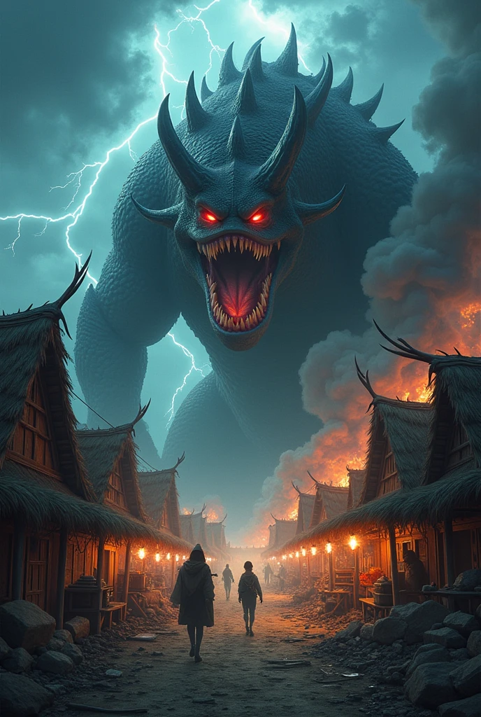 A horrible monster destroying a village