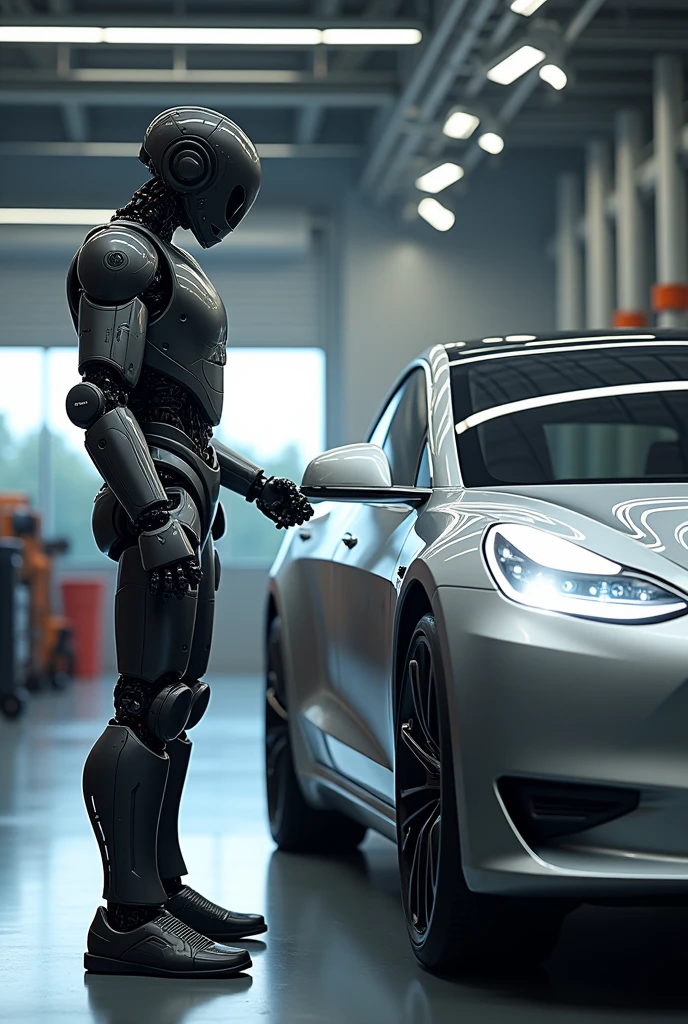 Elon Musk's humanoid robot Optimus unjamming a Tesla car door using PDR tools