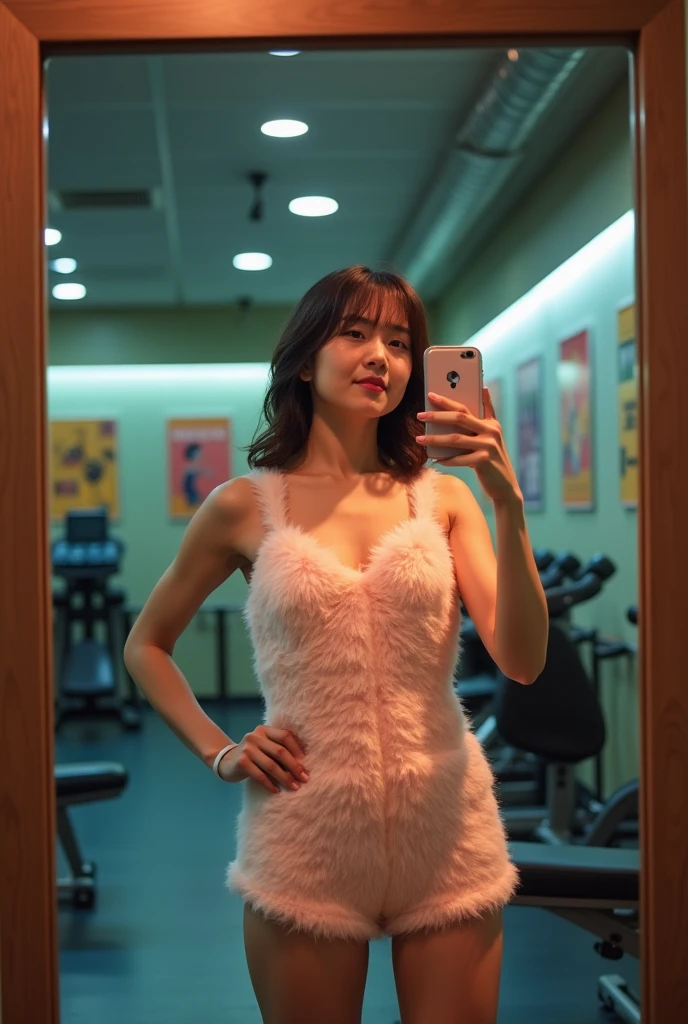 A Japanese woman taking a selfie in front of a full-length mirror。A fluffy one-piece summer outfit。The background is the training room at night.。