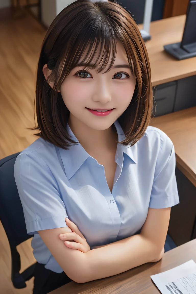 Highest quality, (beautiful)、beautiful女性、Precision Eyes、Brown Hair、Brown eyes、Looking into the camera、Soft Breasts、Medium Hair、Inward curl hair、Straight Hair、Cross your arms、Shoot from above、office、Glasses、smile、Business shirts、Sit on a chair、Crossing your legs