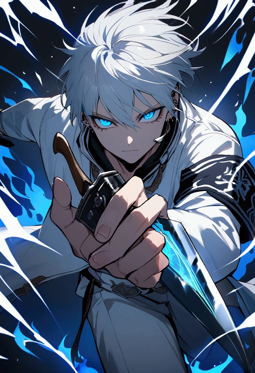 male、cool、Silver Hair、Blue Eyes、White clothing with black armband、knife、Sharp, piercing eyes, blue flames