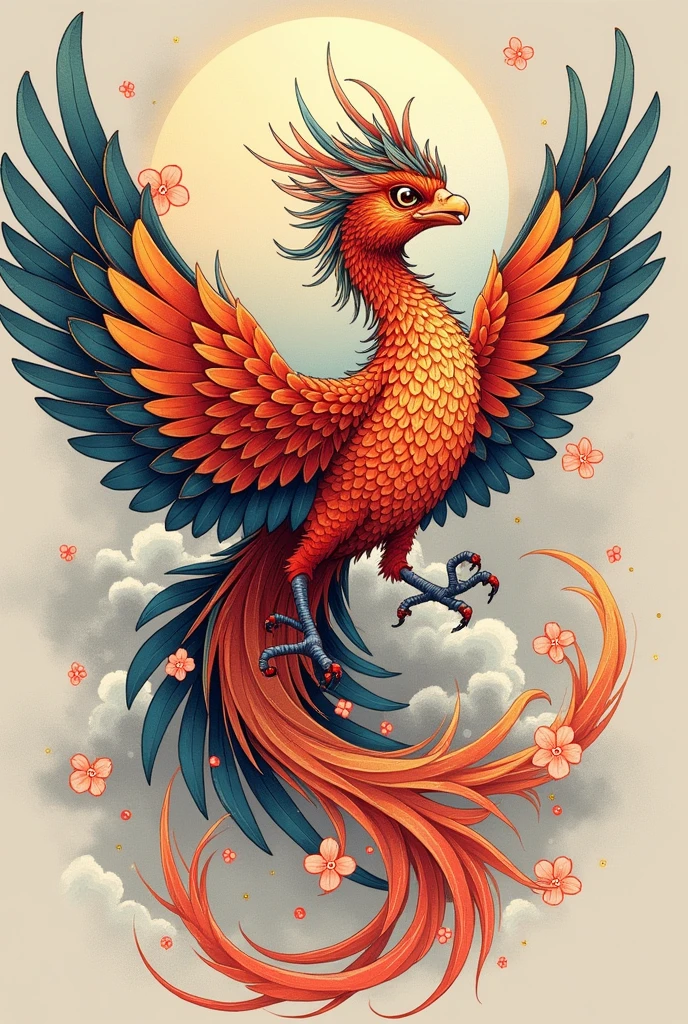 "The Japanese mythical bird Hō-ō or Fushichō with exquisite detail and striking beauty., Showcasing its vibrant plumage and majestic presence.. The intricate feathers shimmer with stunning colors, It exudes an ethereal sense of elegance. Hō-ō gracefully soars against the gray backdrop , There's a hint of mystery in the air.. The artwork captures the essence of this legendary creature., Conveying its significance in Japanese folklore.+" , tattoo