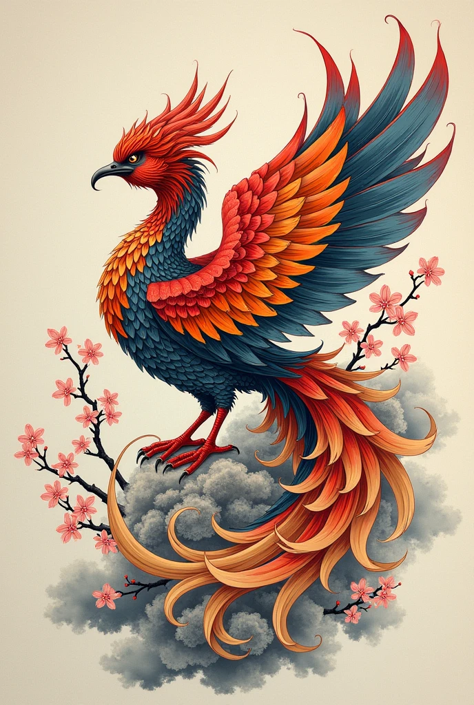 "The Japanese mythical bird Hō-ō or Fushichō with exquisite detail and striking beauty., Showcasing its vibrant plumage and majestic presence.. The intricate feathers shimmer with stunning colors, It exudes an ethereal sense of elegance. Hō-ō gracefully soars against the gray backdrop , There's a hint of mystery in the air.. The artwork captures the essence of this legendary creature., Conveying its significance in Japanese folklore.+" , tattoo