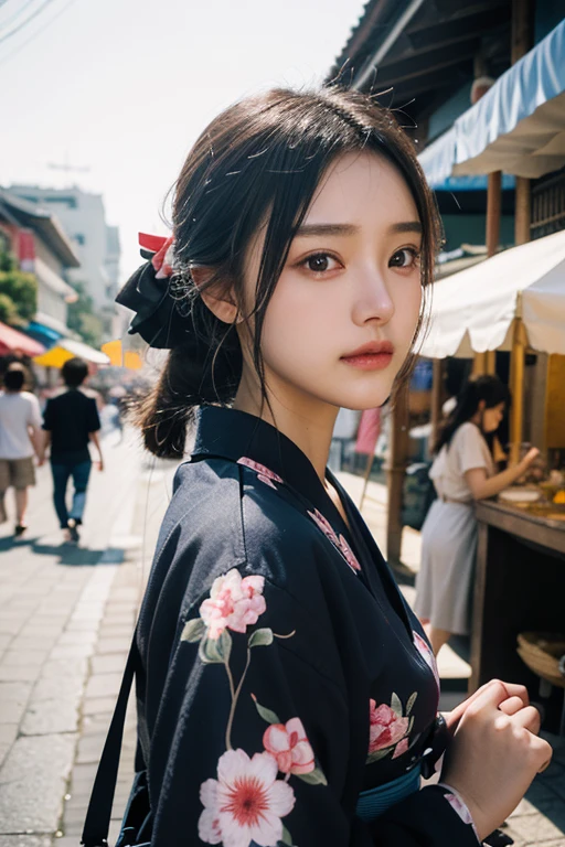 (20 year old beautiful girl),solo, masterpiece, High resolution, High detail, Highest quality, Very detailed, Ultra high definition, Textured skin, , Cinematic light effects, ((realism)), ((Surrealism)),8k octane, Portrait Photography, Black Hair,Light blue yukata,Side Up, ((Festivals)),street vendors,ribbon, Aperture value F1.8, Daylight