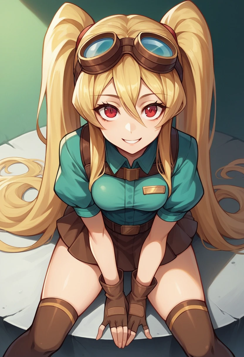 ((masterpiece,best quality)), absurdres, Layla_ML, solo, 1girl, twintails, blonde, blonde hair, long hair, very long hair, red eyes, goggles, goggles on head, gloves, thighhighs, skirt, short sleeves, fingerless gloves, puffy sleeves, brown gloves, puffy short sleeves, solo, smiling, looking at viewer, sitting, looking up, from above, bent over, short skirt, tight striped panties