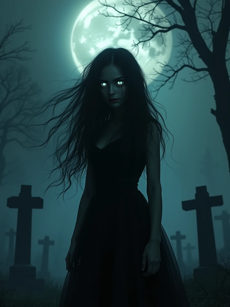 In the eerie glow of a moonlit cemetery, a 20-year-old gothic girl with wild, dark hair and delicate features stands tall, her full body shrouded in mist. Her pale skin seems to absorb the faint light, as if she's a creature of the night itself. Stefan Gesell-inspired brushstrokes bring forth a sense of dark fantasy artistry, where reality blurs with the realm of horror. Gradient backgrounds whisper secrets of the unknown, as our subject's eyes gleam like lanterns in the darkness.,Extremely Realistic