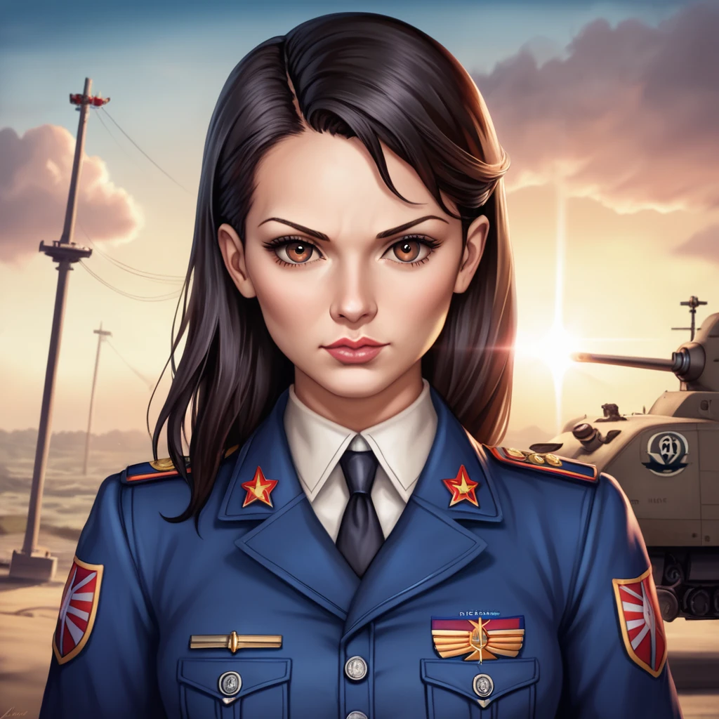 (masterpiece:1.2, best quality), 1lady, Yoru, solo, photorealistic, science fiction film, science fiction, science fiction, war, upper body, small breasts, focus on face, realistic, pastel painting, powerful, intelligent, sensual, detailed eyes (intimidating look, Brown eyes) well detailed, long black hair, best CG, (wearing German red 2 world war general uniform), military, area force, greatness of the army,