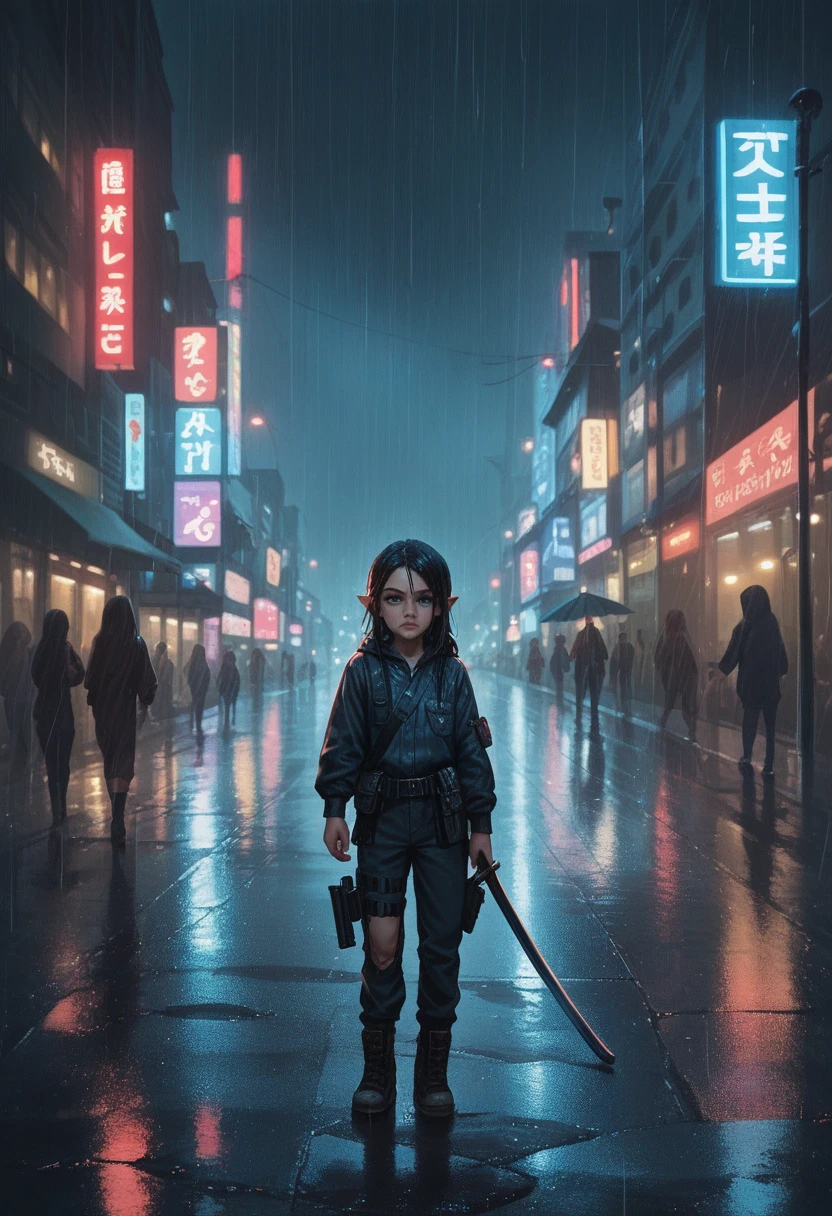 Female Elf. Unbelievably pretty, Shadowrun. pistol holster, street ???, katana, big boobs, sexly. neonlights, nighttime, city, rainy. 