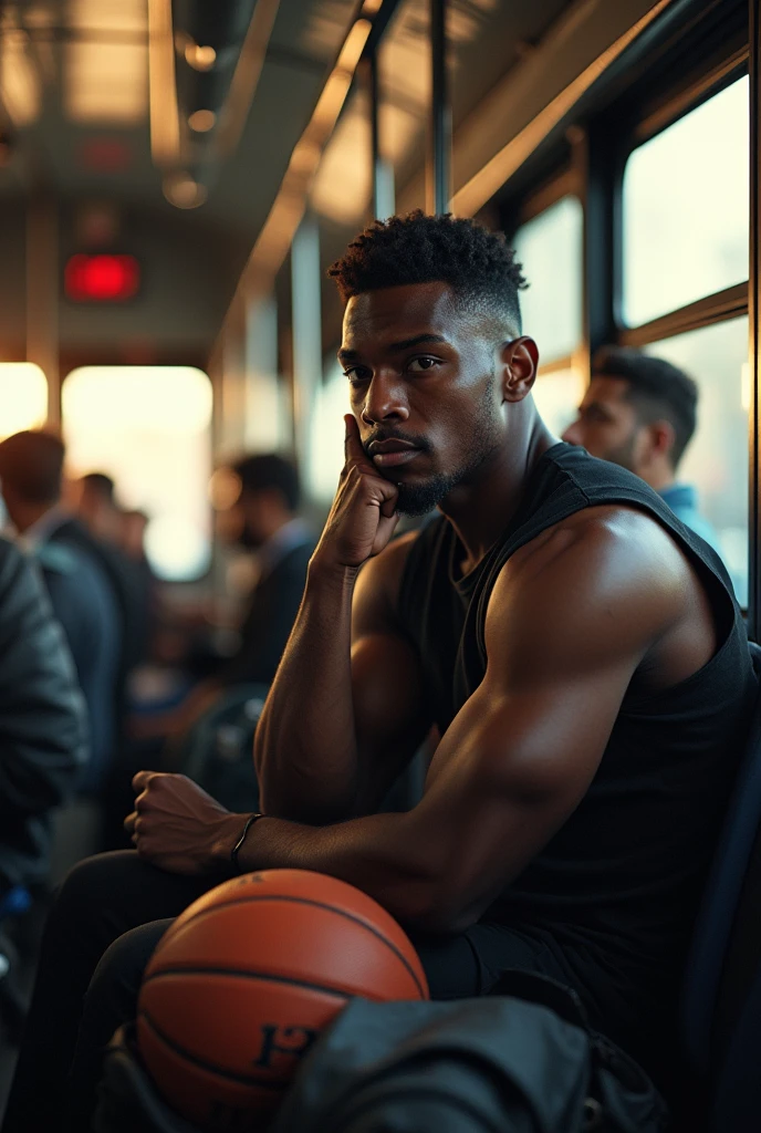 Muscular man of color thinking about the collective if he's going to play or study when he gets home. (He's on a bus)