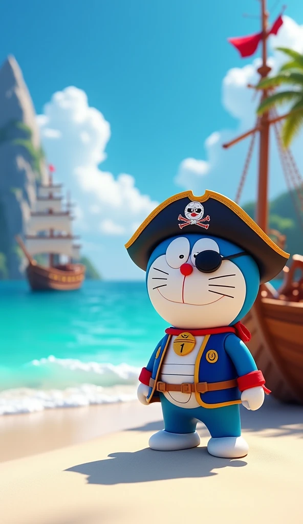 An image of Captain Doraemon wearing a pirate outfit on the sea . Doraemon stands on a small ship docked near the white sand beach, There's a big ship in the back,Behind is a sharp 3d 4k mountain 