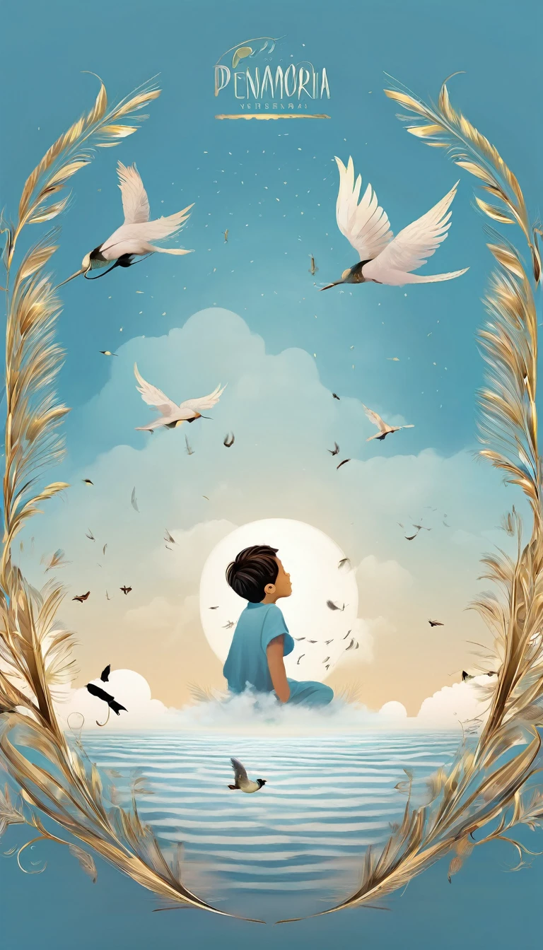 Create a professional, fantastic, cinematic dream-like logo design for a brand about music, stories, fantasy, memories and dreams called " Penamemoria". Masterpiece, 4k, sharp focus, highest quality,wide shot. The title is " Penamemoria". The brand is about the creative, unique, fantastic, dreamy, musical world of a boy and a feather. Minimalistic, simple, poetic, dreamy logo design at the center of the image. The Background image is soft blue sky with white clouds and full of feathers, unique birds. Logo design of a unique, creative, masterpiece logo of the face of a creative boy and a feather that represents memories. Make the logo white- light blue and golden
