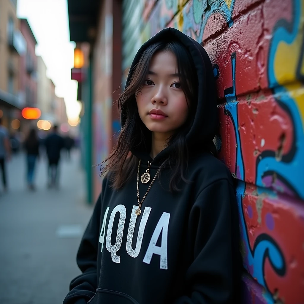 Woman 20 years old, asian, hoodie, large pendant with the letters AQUA, cool gangster girl