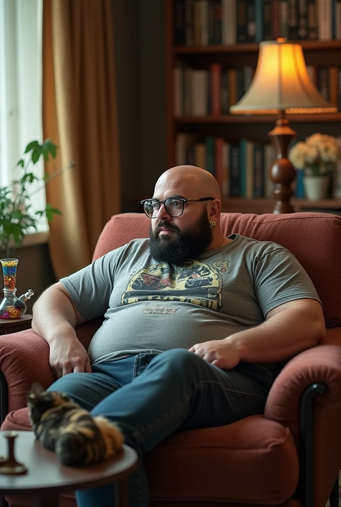 chubby man, offwhite, bald man with a black beard and glasses. Gold earrings and rock band shirt. Sitting on a couch watching TV with a marijuana bong on the coffee table. On the couch there must be a black and yellow scaled cat sleeping