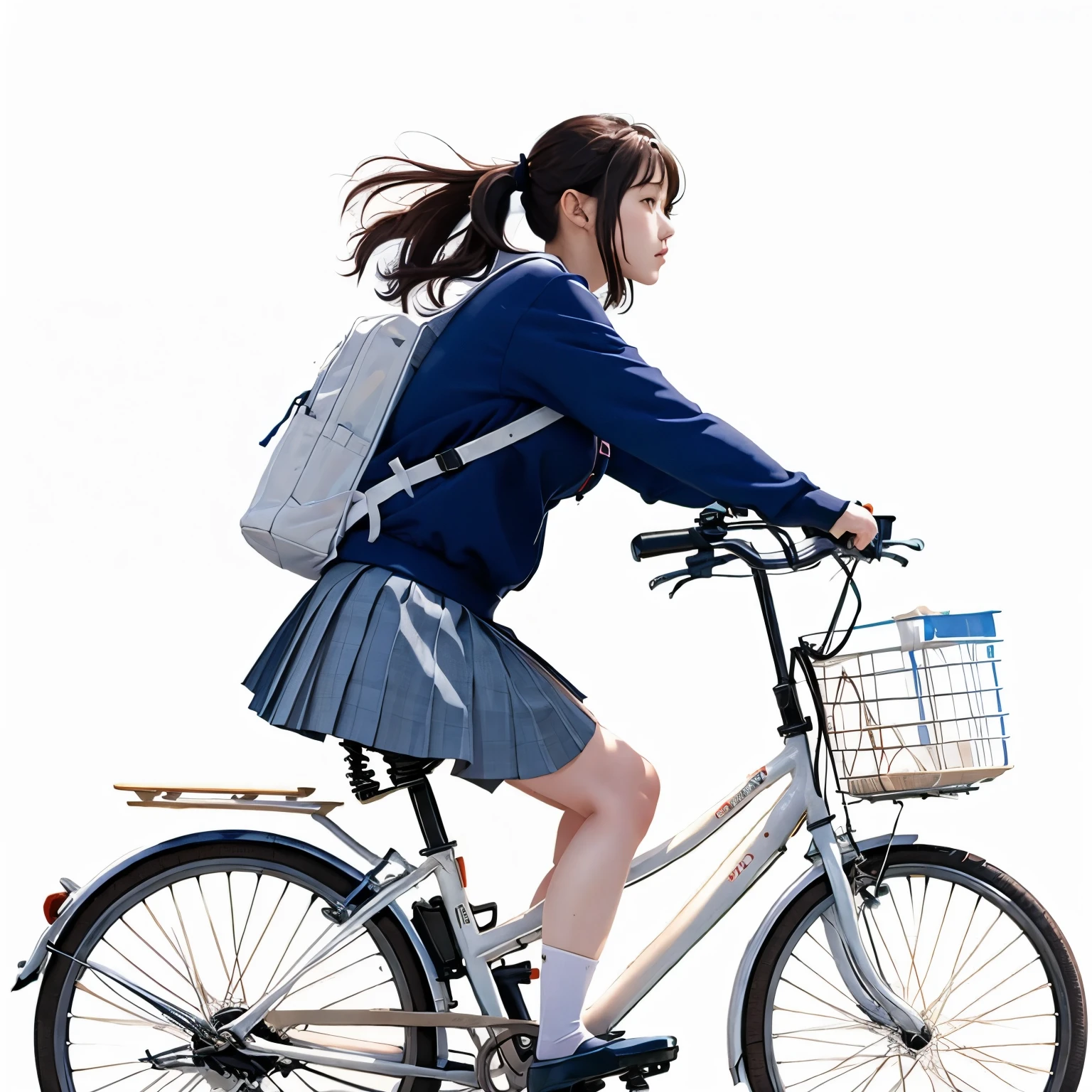 (masterpiece, Highest quality:1.2), reality、One person riding a bicycle, alone、high school girl、uniform、From the side、Blank Background、White Background、Watercolor style、