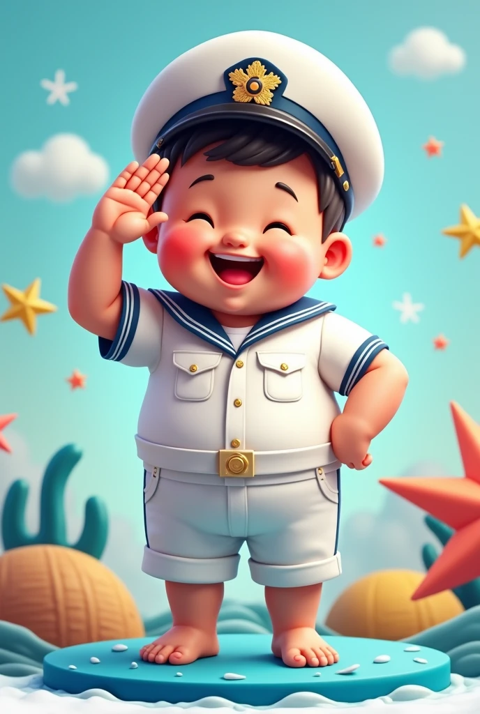 A Fat cute white boy wearing a marine outfit **Saluting with Pride**: The boy stands tall and salutes while smiling confidently, showcasing his dedication. This prompt is to create a range of stickers, capturing the diverse emotions and humorous moments of the character. Digital art.
