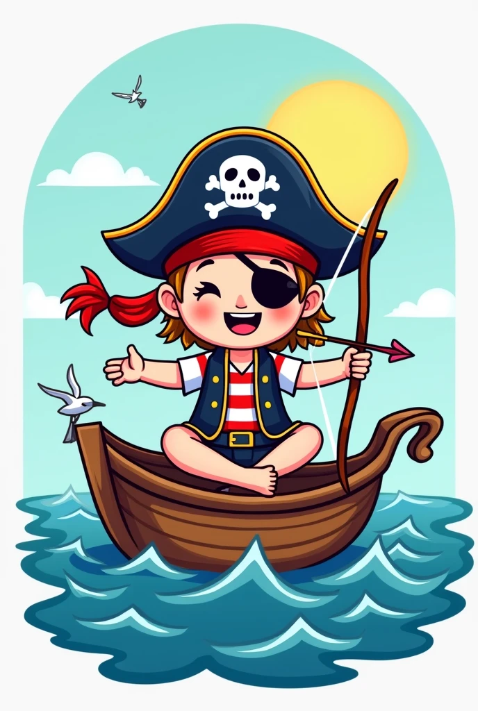 Create a logo for the archery club.Chibi style. Pirate figure sitting on a boat sailing through waves, just archery. Cheerful style