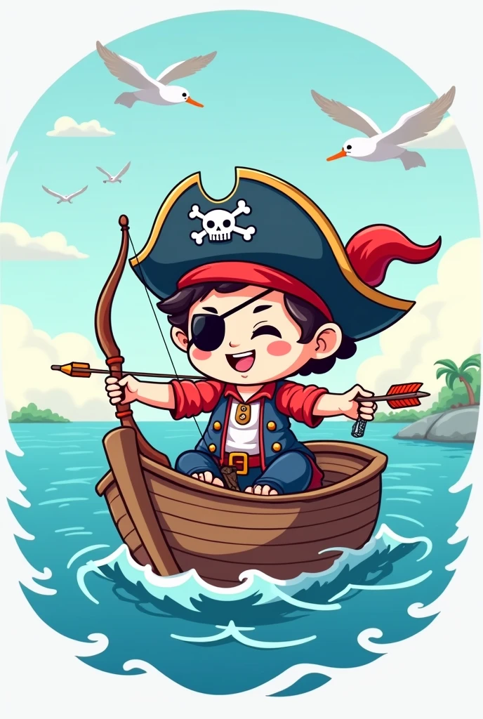 Create a logo for the archery club.Chibi style. Pirate figure sitting on a boat sailing through waves, just archery. Cheerful style