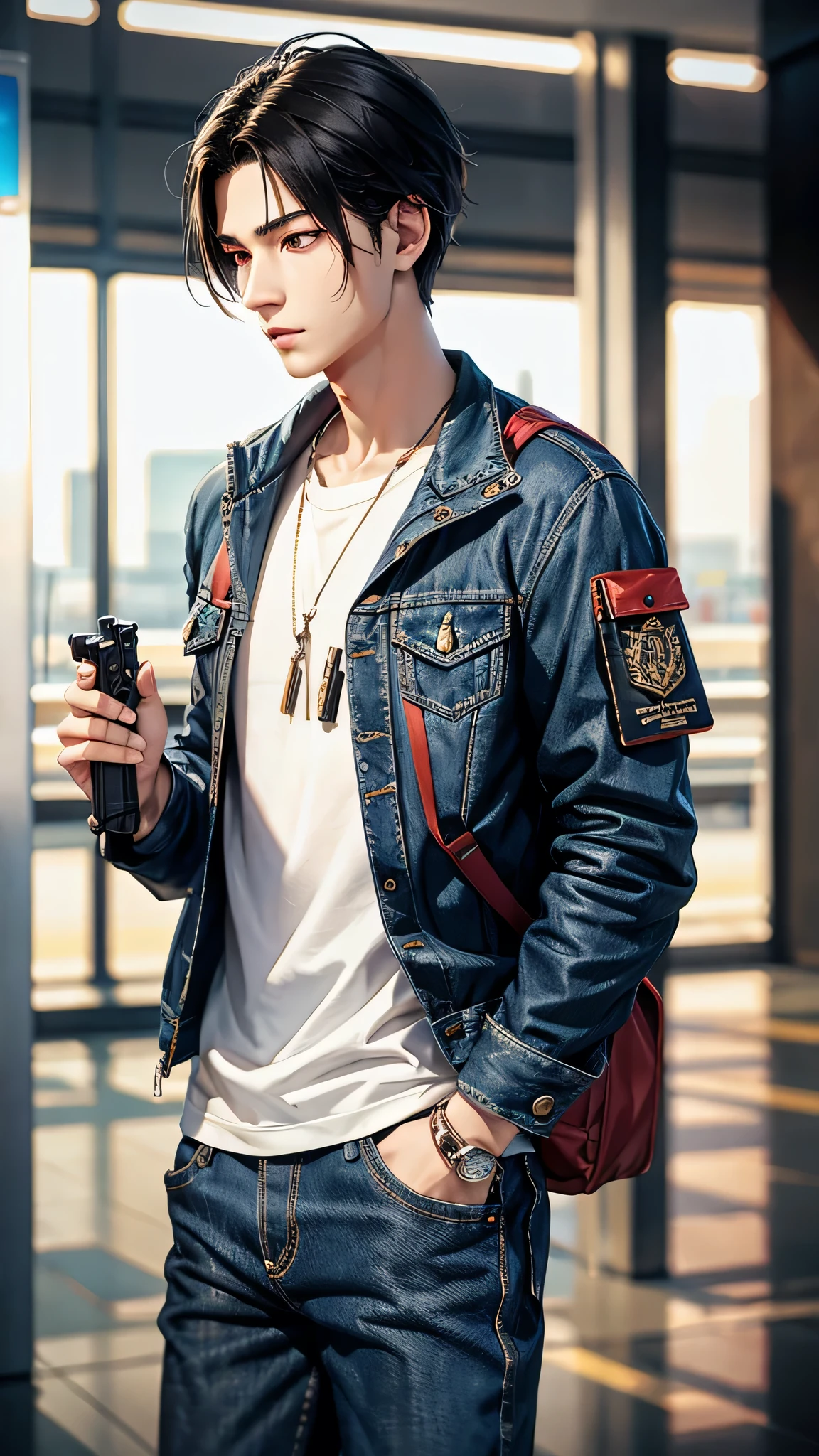 最high quality、Best image quality、masterpiece、male((18-year-old、slender、Stubble、Holding a gun、White shirt、Red eyes、Cool hairstyle、Black Hair、Fighting Pose、Black rider jacket、Blue denim trousers、Black Rucksack))high quality、Beautiful art、background((Inside the airport)),Tabletop、Exquisite design、Visual Arts、Written boundary depth、Best lighting、Highest detail、8k