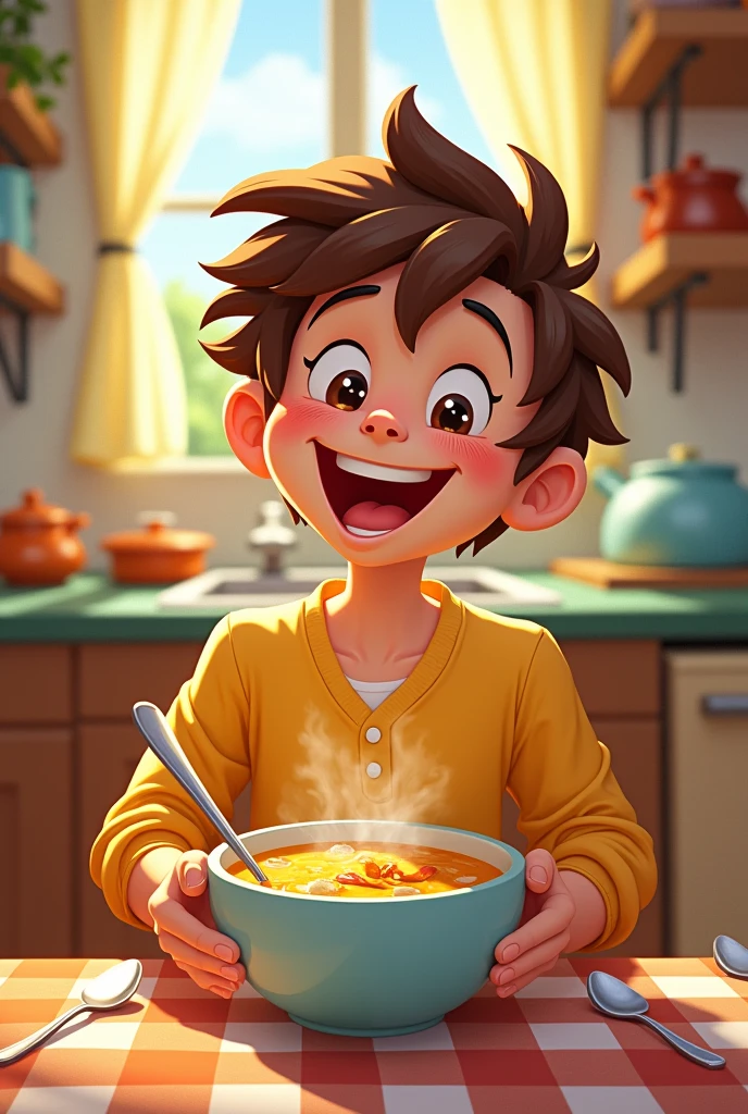 Create a cartoon image of a guy eating from a soup bowl