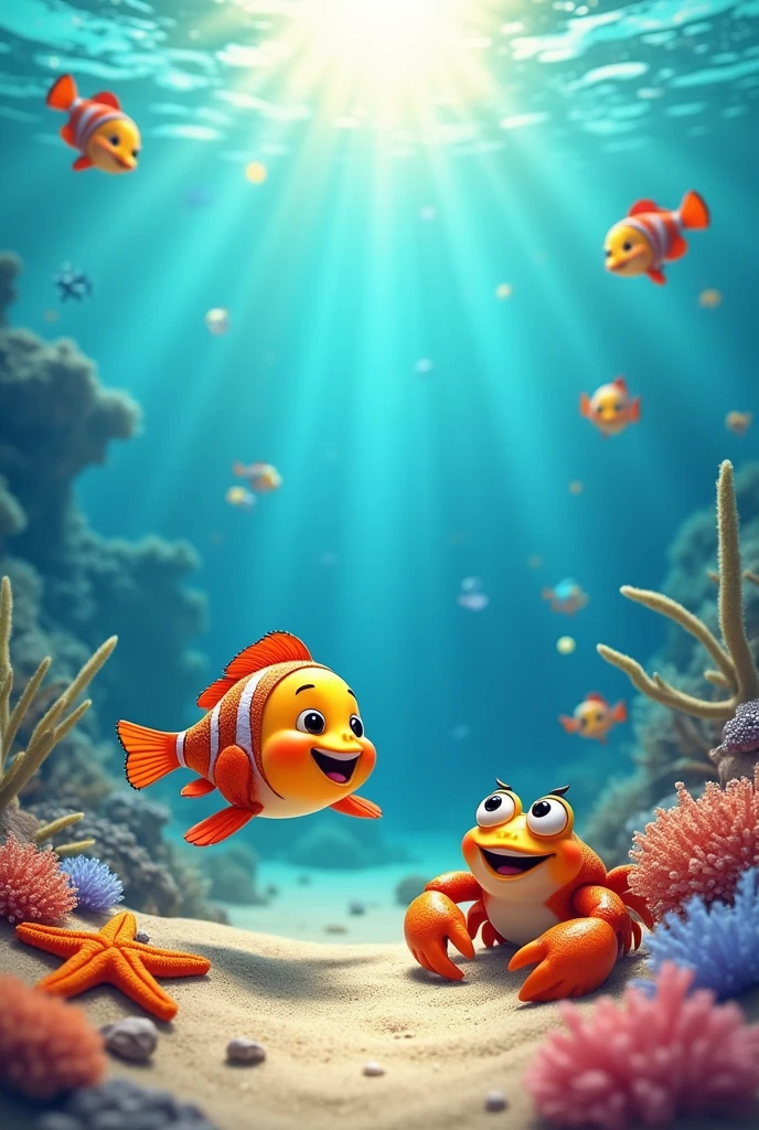 He meets a friendly crab with claws that snap,
And a starfish waving from its sandy nap.
The fishy spins around in a joyful loop,
"Swim, little fish, swim!" with the underwater troupe.