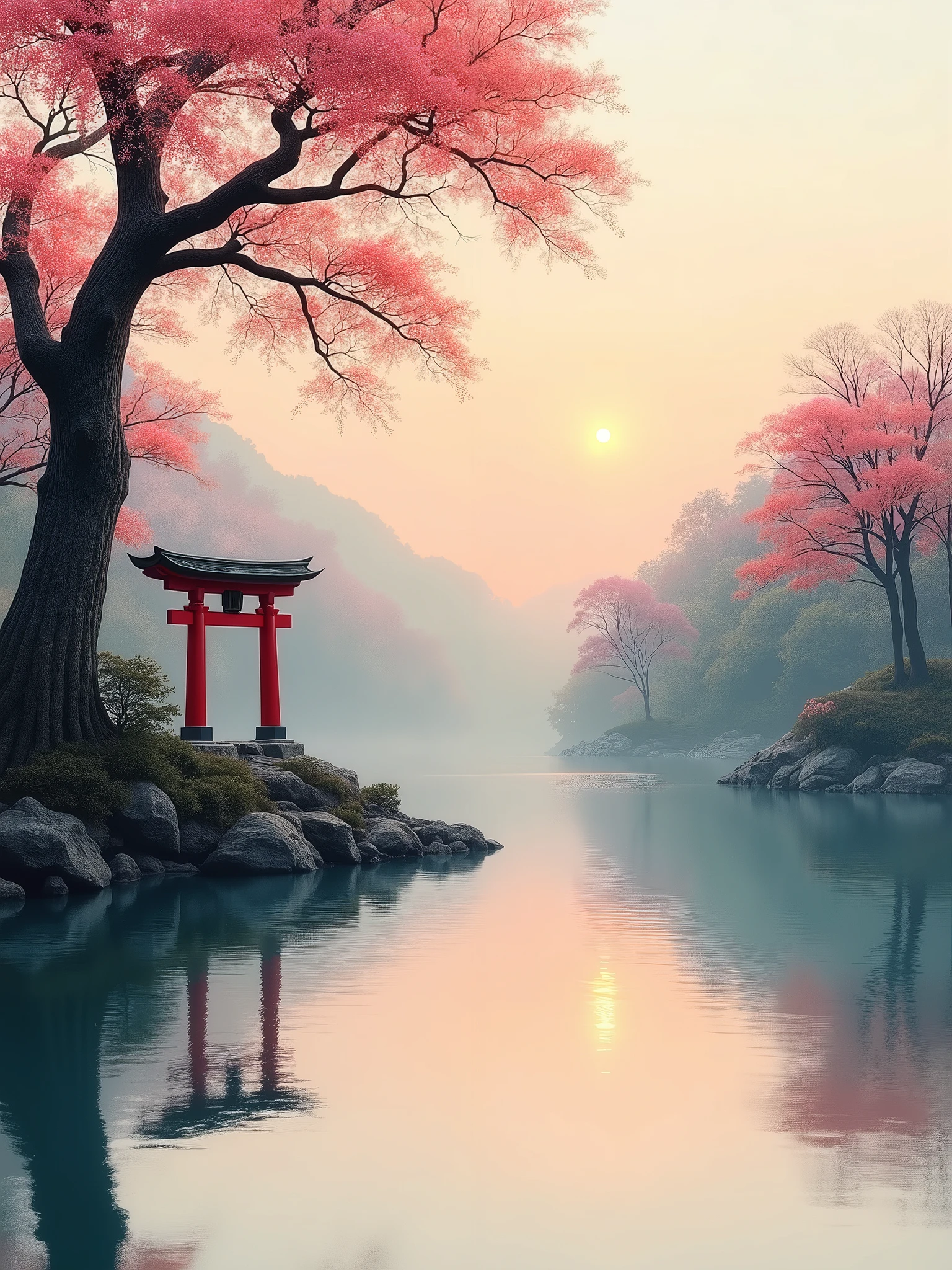 ink scenery, no humans, sunset, lake in the middle of the forest, big tree, blooming branches, Japanese gate, muted colors, negative space, chinese ink drawing
