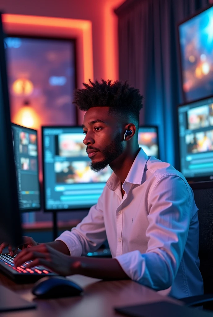Chocolate color a boy him video editor age between 23. iron man, his dressing white shirt,his beard medium drummer,his use airpots. His hair style like Hollywood