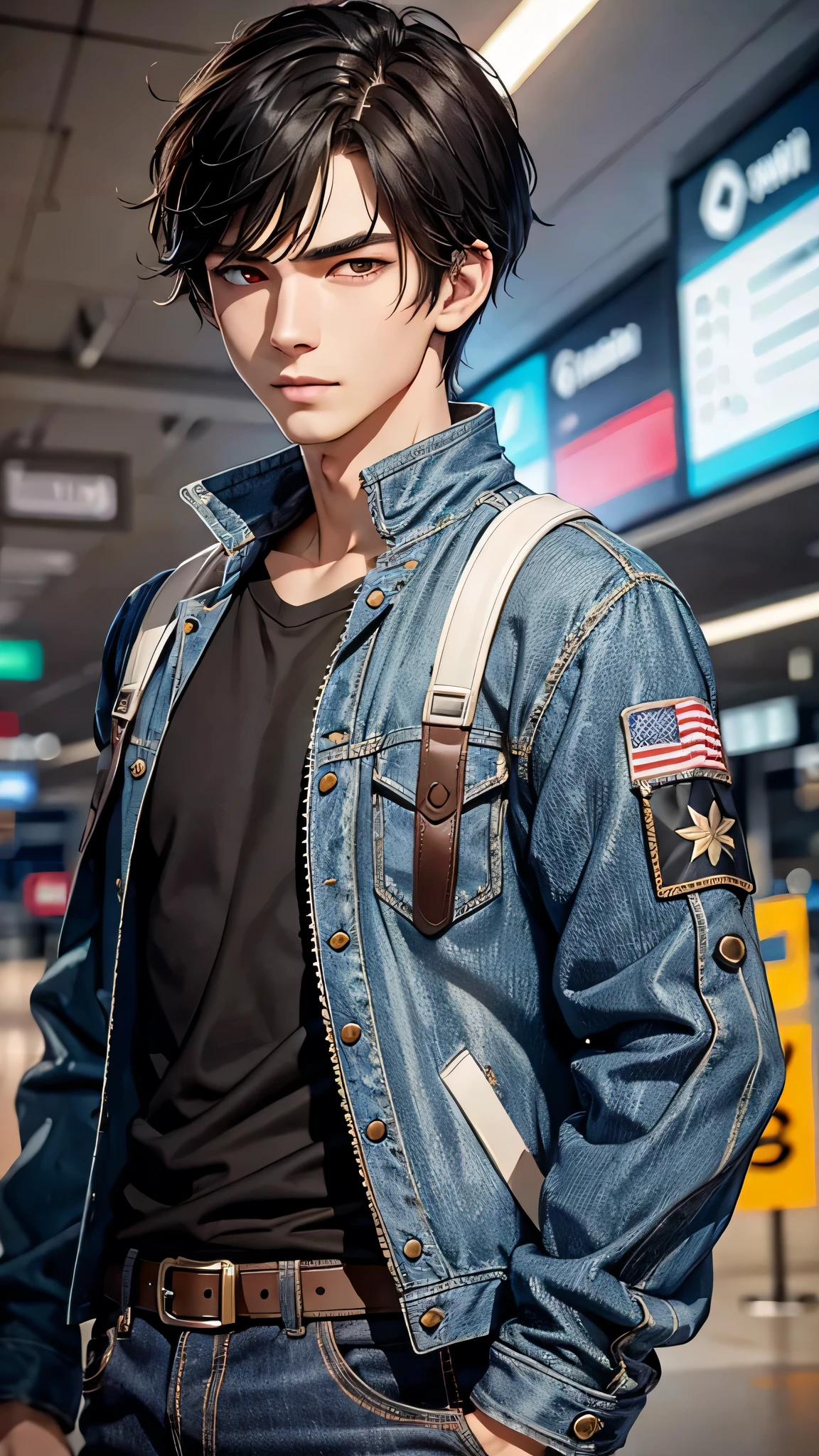 最high quality、Best image quality、masterpiece、male((18-year-old、slender、Stubble、Holding a gun、White shirt、Red eyes、Cool hairstyle、Black Hair、Fighting Pose、Black rider jacket、Blue denim trousers、Black Rucksack))high quality、Beautiful art、background((Inside the airport)),Tabletop、Exquisite design、Visual Arts、Written boundary depth、Best lighting、Highest detail、8k
