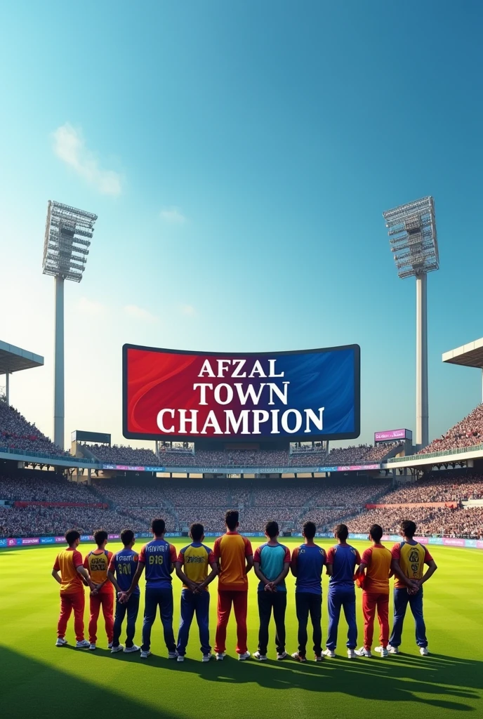 Make a picture of a cricket ground in which 11 players are looking at the big screen of the ground and on the top of the screen is written Afzal Town Champion and on the bottom of each player is written Istikhar, Hamza, Irshad, Asadullah, Muzamil, Rana Sanu Adeel, Zain ali, Samiullah, Malik Waseem, Rana Adeel Hafiz, Mohsin Raza, Shahroz, Waqas, wasif, Akash, Gulzar Ahmad.