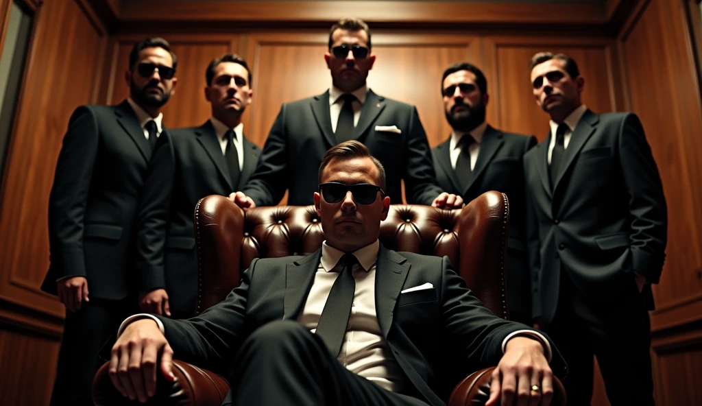 create a movie poster , a young and strong man mafia boss sitting in center on boss chair, wear glasses, gunmans standing behind, showing power, action movie poster, hyper details
