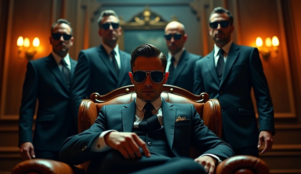 create a movie poster , a young and strong man mafia boss sitting in center on boss chair, wear glasses, gunmans standing behind, showing power, action movie poster, hyper details