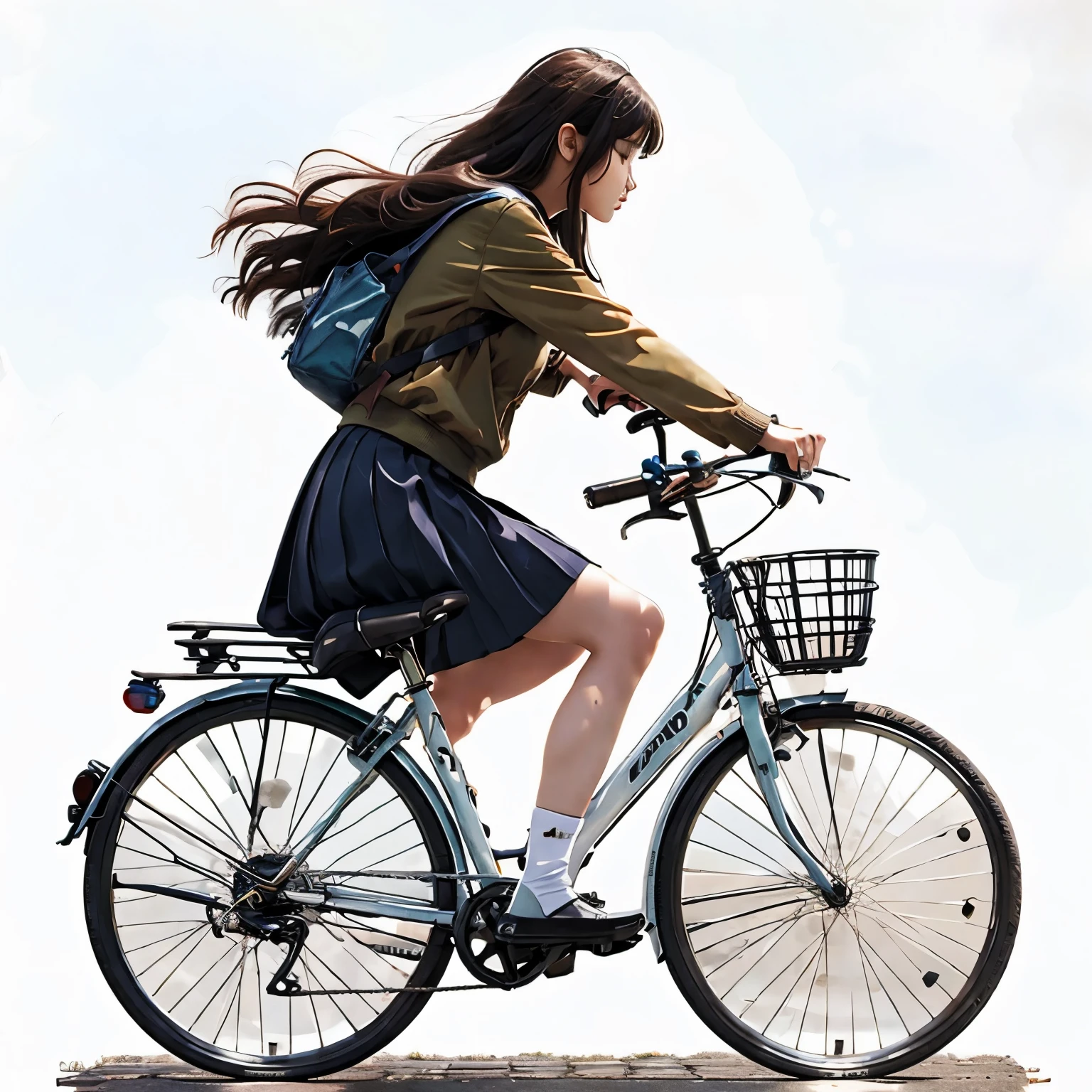 (masterpiece, Highest quality:1.2), reality、One person riding a bicycle, alone、high school girl、uniform、From the side、Blank Background、White Background、Watercolor style、