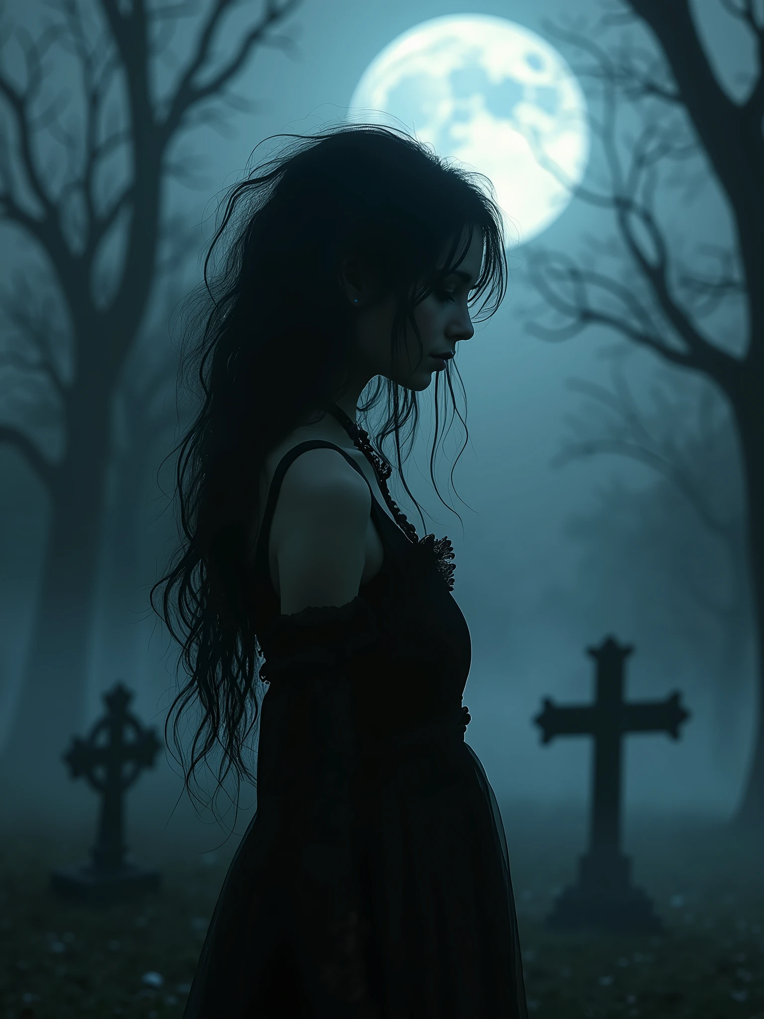 In the eerie glow of a moonlit cemetery, a 20-year-old gothic girl with wild, dark hair and delicate features stands tall, her full body shrouded in mist. Her pale skin seems to absorb the faint light, as if she's a creature of the night itself. Stefan Gesell-inspired brushstrokes bring forth a sense of dark fantasy artistry, where reality blurs with the realm of horror. Gradient backgrounds whisper secrets of the unknown, as our subject's eyes gleam like lanterns in the darkness.,Extremely Realistic
