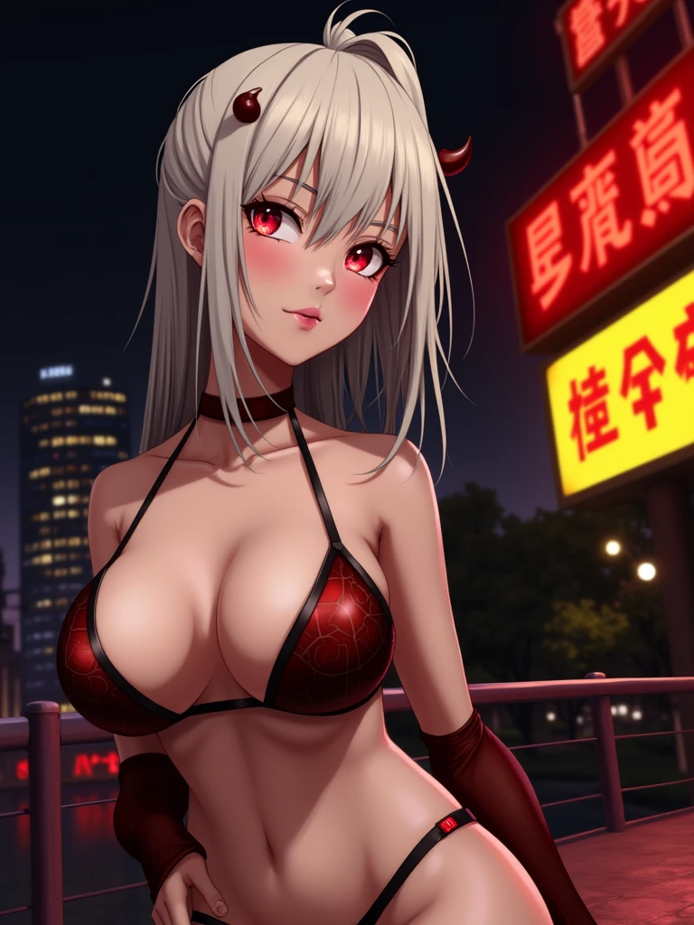 Ino Yamanaka sexy, perfect face, Perfect eyes, sexy devil cosplay, big tits, red and black color, bikini, city at night, dark 
