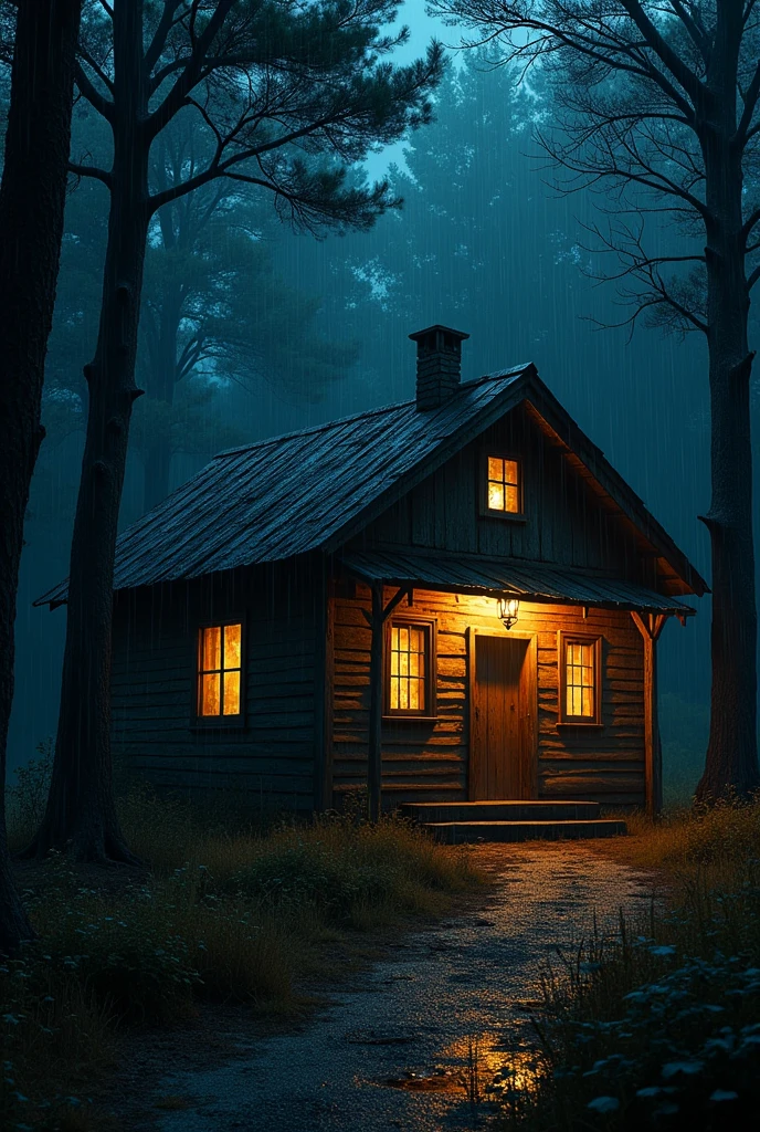 Rural cabin house with a menacing night atmosphere illuminated by lantern lights, dark and rainy atmosphere with many trees. Realistic image