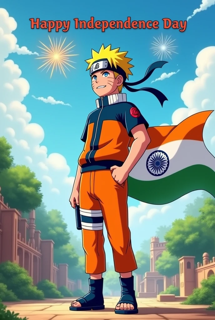 Naruto India ka flag Lekar Khada Hai aur Bade aksharon mein likha hai happy Independence Day