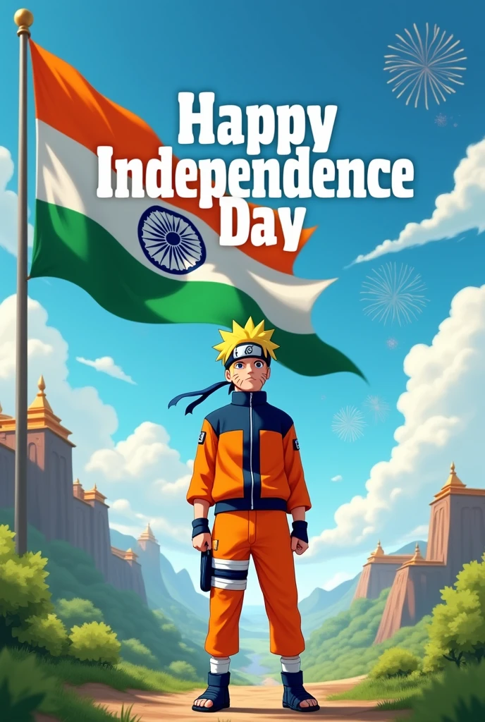 Naruto India ka flag Lekar Khada Hai aur Bade aksharon mein likha hai happy Independence Day