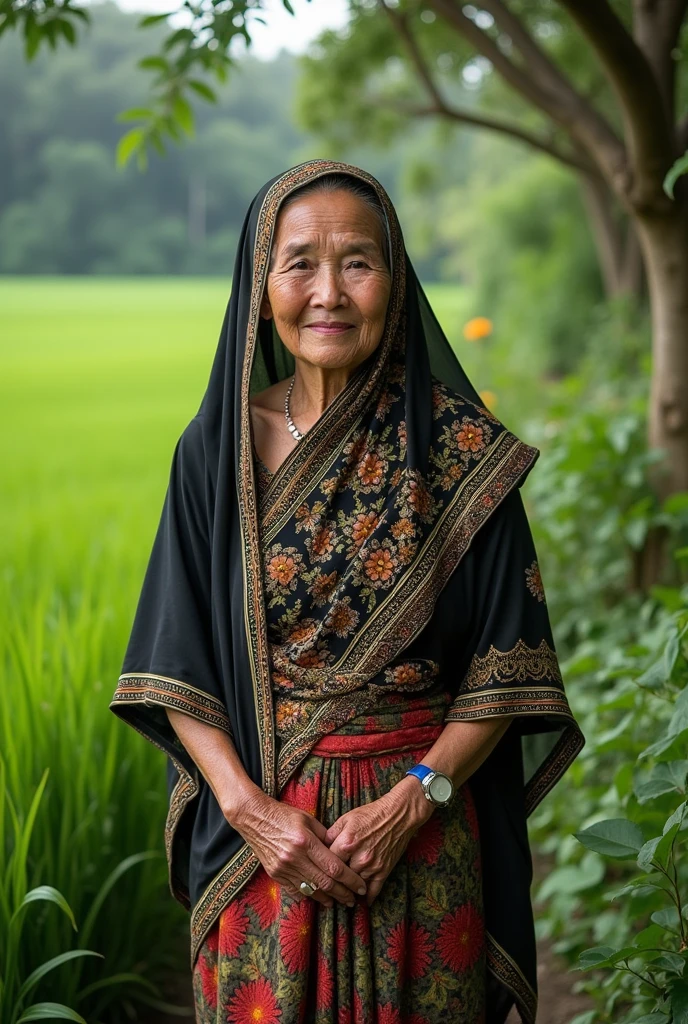Her name is Samsiah, She is 70 years old, She wears an Indonesian headscarf and sarong and is dressed in Muslim attire, she is loved by 3 handsome adult sons and 5 beautiful hijab-wearing daughters, They live in a verdant village, They are all Javanese Indonesians