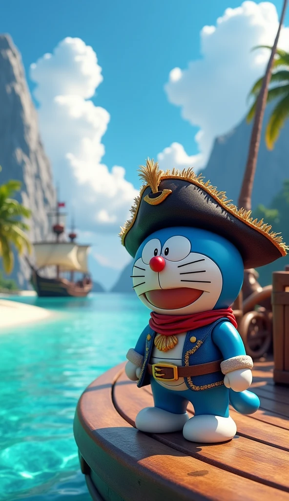 An image of Captain Doraemon wearing a pirate outfit on the sea . Doraemon stands on a small ship docked near the white sand beach, There's a big ship in the back,Behind is a sharp 3d 4k mountain 