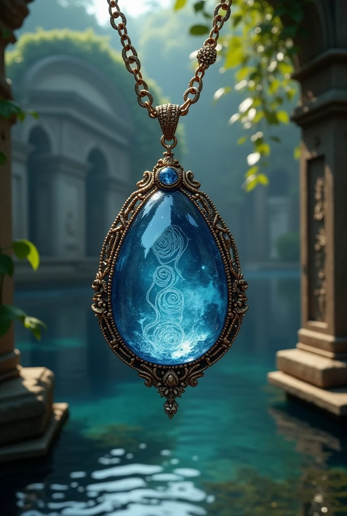 Generate an image of fancier, fantasy and ancient time of pendant with chain having big blue stone with water symbol on it