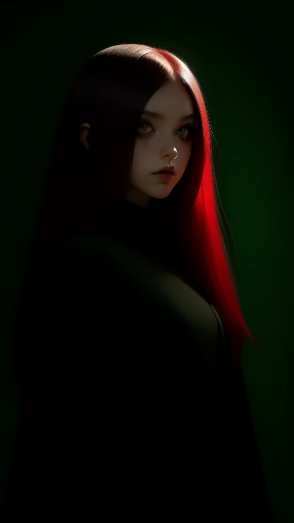  Yandere slender white girl with long red hair and green eyes ((black eye makeup with eyeliner and eye pencil))Threatening look she is standing leaning against a wall holding a knife near her face black lipstick on her lips with a threatening look she wears a green jumpsuit over a black shirt and a black skirt with green borders she wears a black bow on her head the environment is a room.