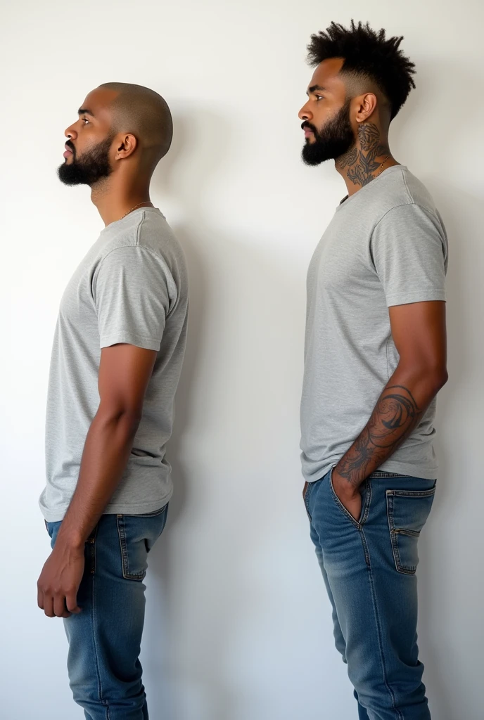 A before and after picture of a 25 years old brown skinned man standing in-front of white wall, who increased his height by 15 centimeters, having a tattoo in his neck on both pictures, wearing a t-shirt, make it realistic
